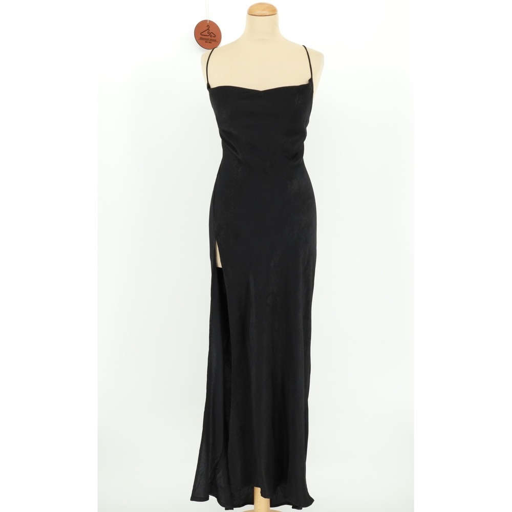 RESA River Black Satin Cowl Neck Maxi Dress Open Back Side Slit Size Small Chic